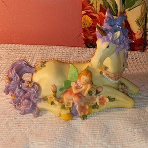 GORGEOUS COLORFUL UNICORN WITH FAIRY FLORAL MUSICAL BOX SCULPTURE